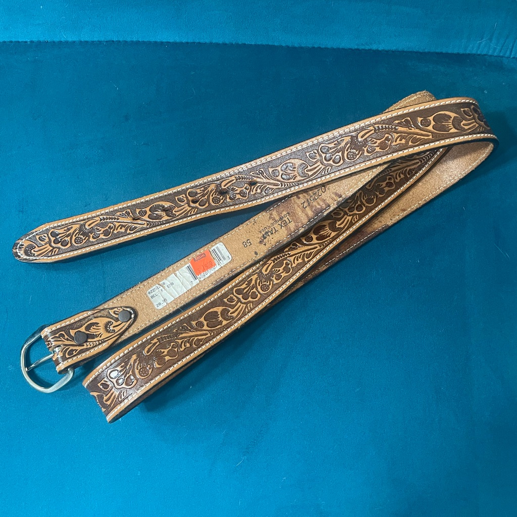 Tex Tan Cowhide Leather Tooled Western Belt With Floral Design Size 58